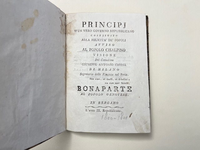 Principj d'un vero governo repubblicano costituito alla felicità de' popoli. Avviso al popolo cisalpino